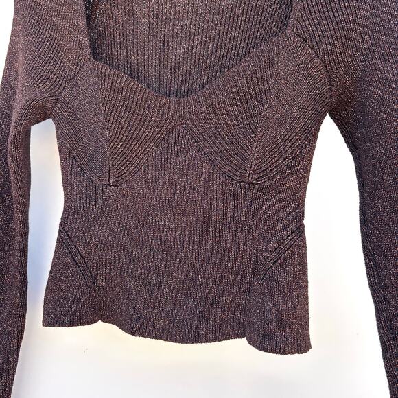 STAUD Cerro Knit Metallic Top Bustier Long Sleeve Bronze Small Cropped Shirt - Picture 6 of 8